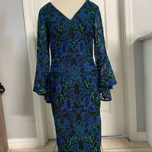 Carmen Marc Valvo Blue and Green Long Sleeve Dress